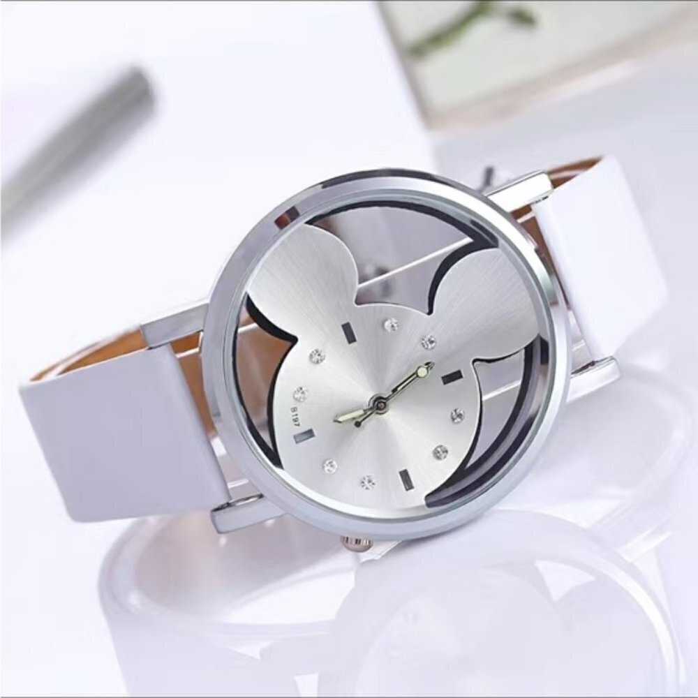 Minnie Mickey Mouse Watch Clear Analog Adjustable Buckle Band Silver White - Picture 3 of 12